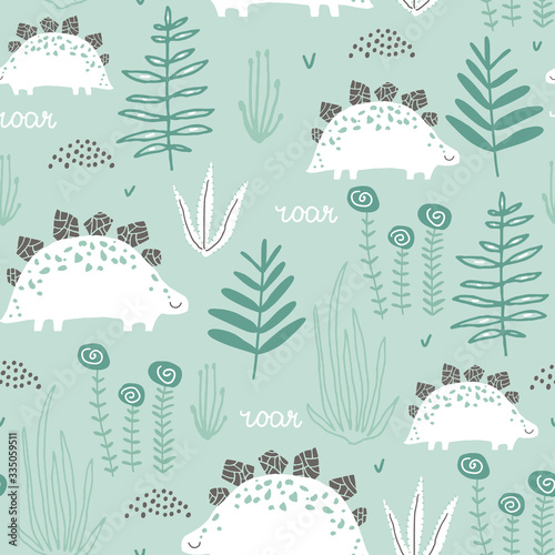 Childish seamless pattern with stegosaurus and jungle flora. Creative vector childish background for fabric, textile