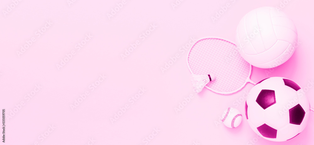 Photo of various sport equipments. Pink filter