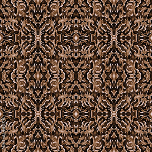 antique floral ornament drawn with light brown on a dark brown textured background, baroque seamless pattern