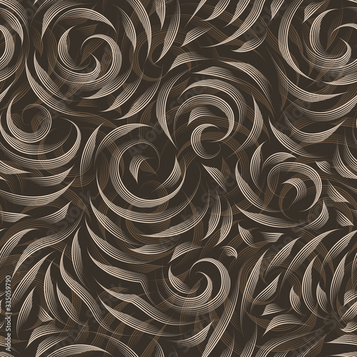 Vector seamless beige texture on a brown background. Smooth arch and curls in linear style. Gel pen. Print for fabrics or wrapping paper. Double exposure.