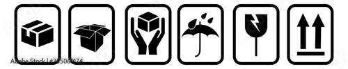 Fragile package icons set, handle with care logistics and delivery delivery labels. Fragile box, cargo warning vector signs. Vector illustration