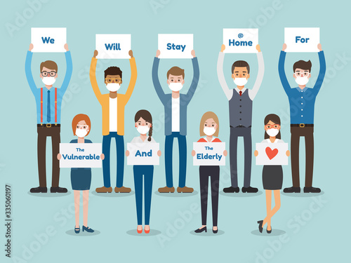 Young women and young men, wearing face mask holding poster requesting other people avoid and prevent Coronavirus pandemic and Covid-19 spreading by staying at home. Coronavirus Disease awareness.