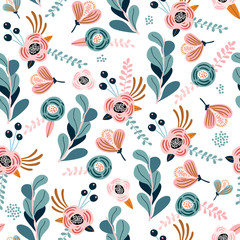 Keuken achterwand Wit patronen Eucalyptus takken bloemen bessen patroon  © solodkayamari