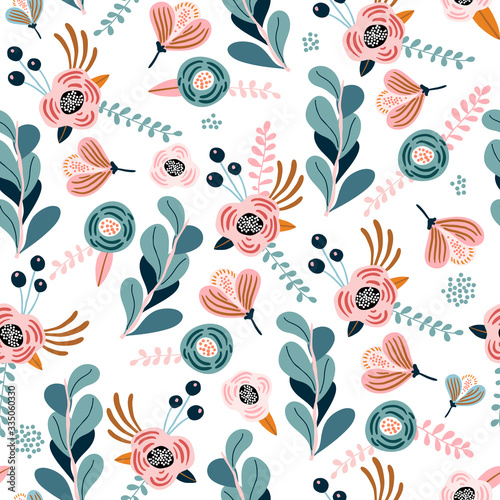Seamless pattern with eucalyptus branches, flowers, berries and leaves. Creative flower texture. Great for fabric, textile vector illustration.