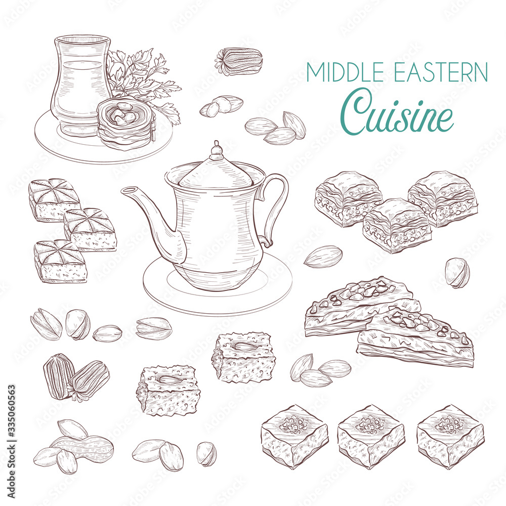 Arabic Food. Middle Eastern sweets and tea