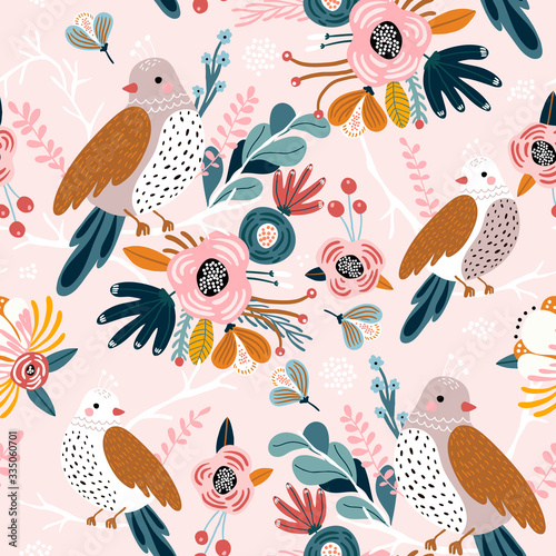 Seamless pattern with cute birds, flowers, berries and leaves. Creative floral texture. Great for fabric, textile Vector Illustration