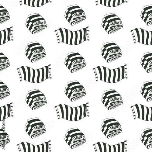 Geometric seamless pattern, monochrome beach towels and striped bedspreads with brome, vector on a white background.