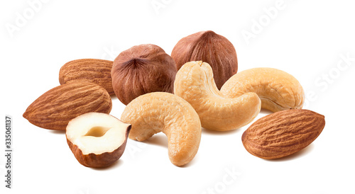 Nuts trail mix, almond, hazelnut, cashews isolated on white background