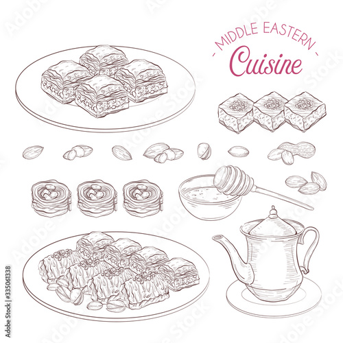 Arabic Food. Middle Eastern sweets and tea