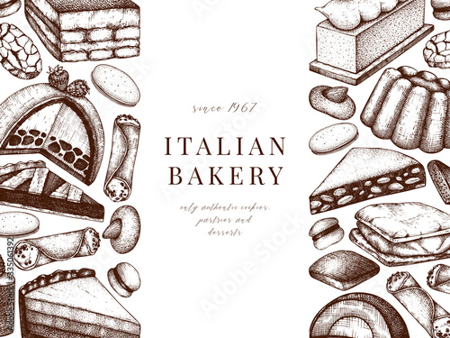 Italian desserts, pastries, cookies banner. With hand drawn baking sketch illustration. Vector bakery design. Vintage Italian sweets background for fast food delivery, cafe, restaurant menu.