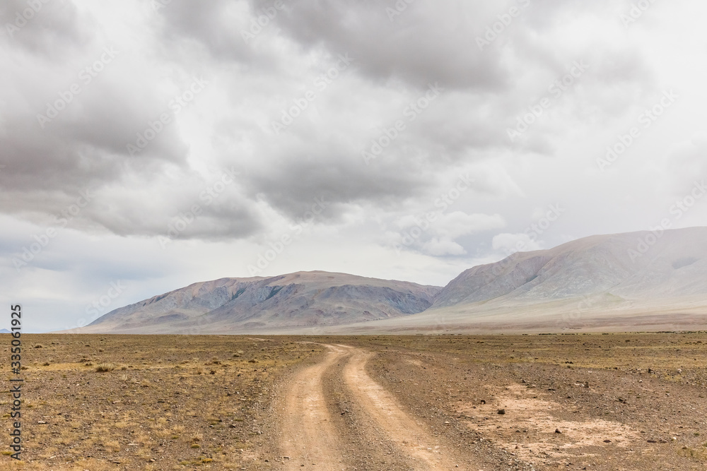 The road in the desert. Central Asia between the Russian Altai and Mongolia The road in the desert. Central Asia between the Russian Altai and Mongolia