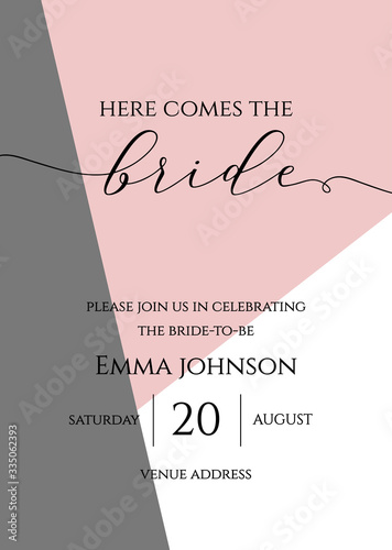 Bachelorette party, bridal shower calligraphy invitation card, banner or poster lettering vector design. Here comes the bride quote. 