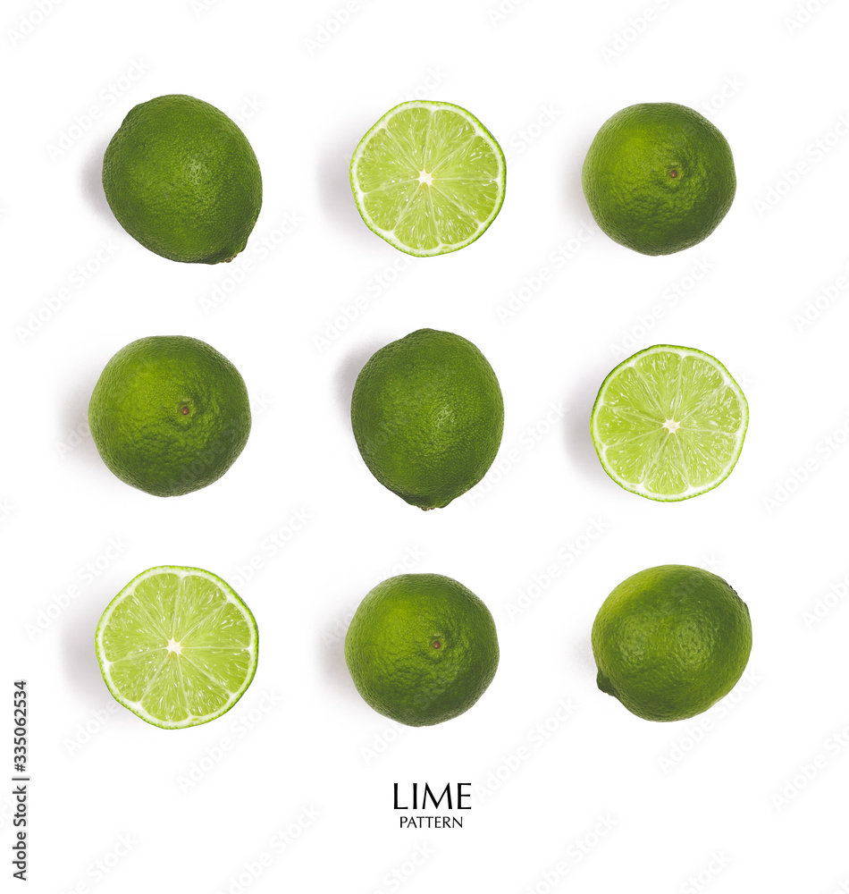 Lime isolated on white background. Creative layout made of green lime. Flat lay with copy space. Fresh food concept. 