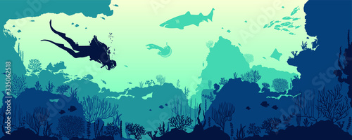Fototapeta Naklejka Na Ścianę i Meble -  Silhouette of scuba diver with a shark and coral reef with fishes on a blue sea. Vector nature illustration. Marine underwater life.