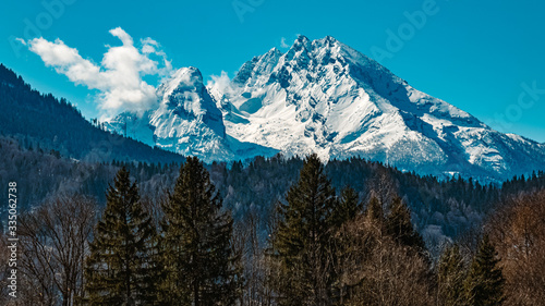 Beautiful winter landscape near Berchtesgaden, Bavaria, Germany with the famous Watzmann summit in the background