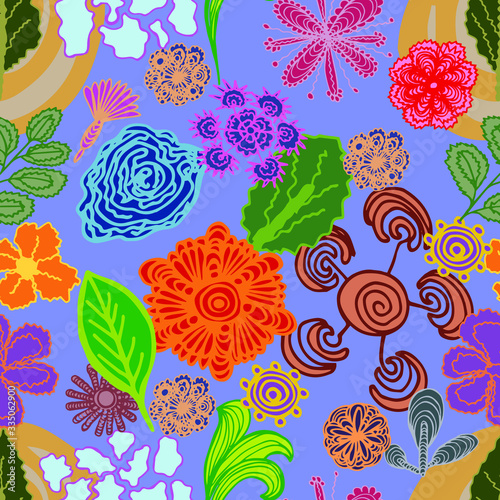  Vector illustration. Abstract multicolored bright seamless floral pattern. Design for wallpaper, covers, cards, prints.