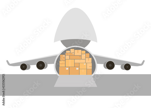 Transport aircraft delivery service concept. Loading container ships, boxes, goods, cargo. Humanitarian assistance during a virus outbreak. Flat style vector illustration.