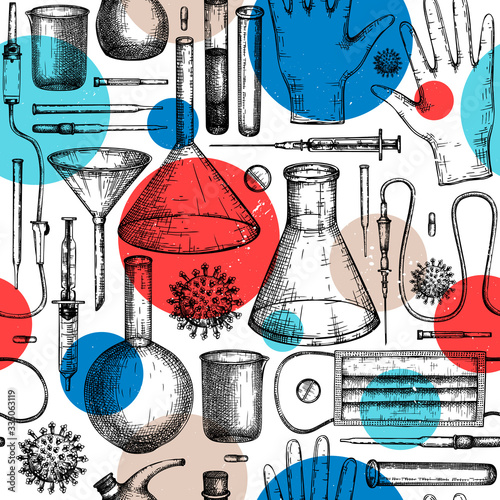Coronavirus COVID-19 seamless pattern. Medicine equipment and protectors against corona virus or other infection. Hand drawn laboratory equipment sketches background. Virus backdrop in collage style.