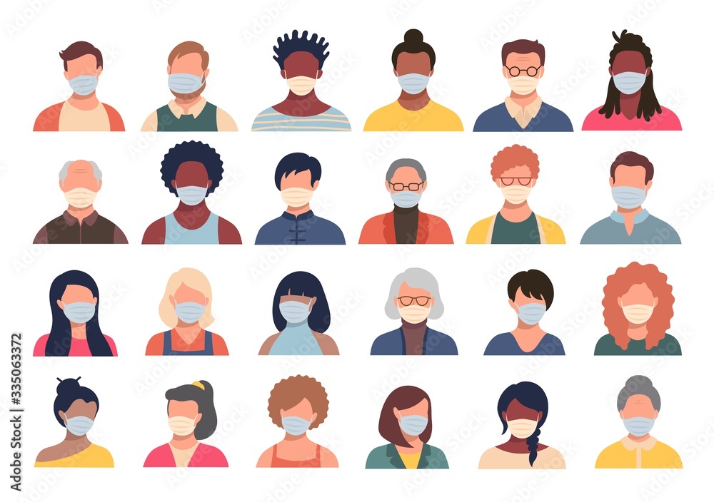 Set of persons, avatars, people heads of different ethnicity and age in protective masks. Men and women in flat style following recommendations for the prevention of coronavirus. Set of persons, avatars, people heads of different ethnicity and age in protective masks. Men and women in flat style following recommendations for the prevention of coronavirus.