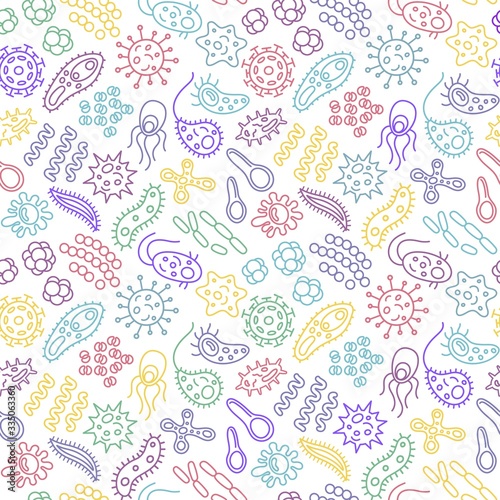 Seamless pattern with bacteria  viruses and germs. Microorganism cells repeating background for textil design  wrapping papper  wallpapper. Color contour illustration.