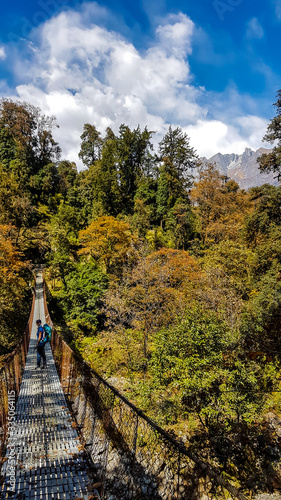 A girl in hiking outfit with big backpack crossing an extension bridge on the Annapurna Circuit Trek in Himalayas, Nepal. There is a lot of colorful trees around the bridge. Season change