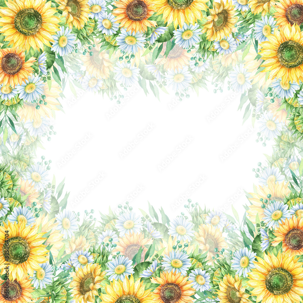 Obraz premium Watercolor border frame with sunflowers and daisies.