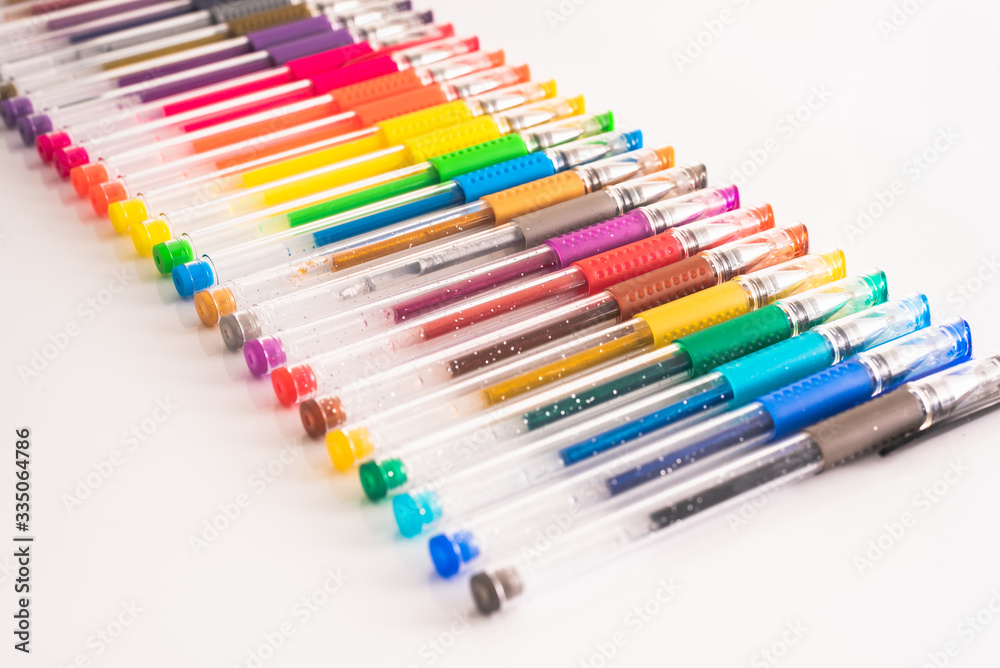 Copy space isolated on white of colored pens for children crafts in schools. Copy space isolated on white of colored pens for children crafts in schools.