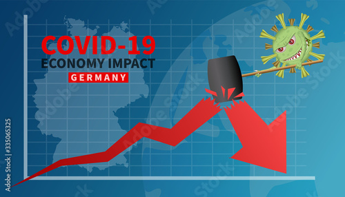 Covid-19 cell uses hammer to break  economy graph or chart, Germany hit by Covid-19 outbreak and pandemic, Covid-19 virus global economic impacts, Concept of world and local economy crisis.