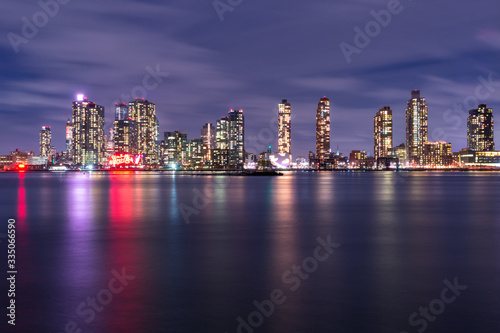 Long Island City skyscrapers at night with long exposure