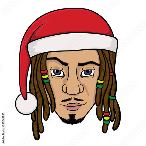 man face with dreadlocks in christmas hat.vector isolated on white background