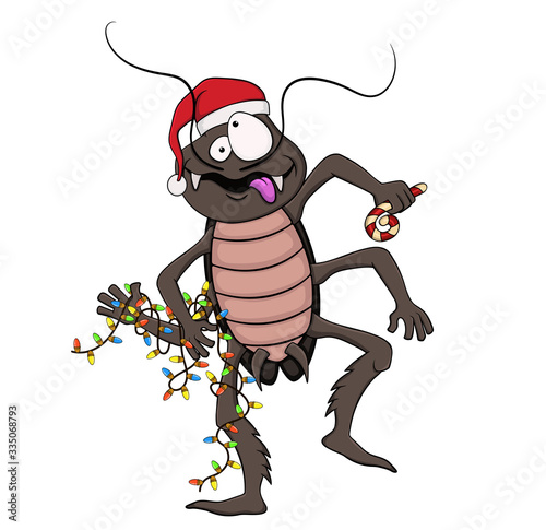 funny cartoon crazy cockroach in christmas hat and with garland.vector isolated on white background