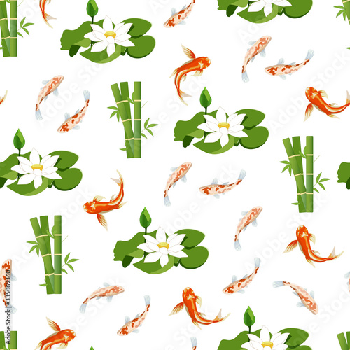 Tropical seamless pattern in japanese style. Vector illustration of lotus flowers, bamboo and tropical fish in a flat style. Textile endless texture for kitchen textiles, bedding and tiles.