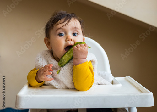 Healthy cute caucasian baby boy have, eat vegan raw supplementary food at home in his highchair. Vegan infant concept.
