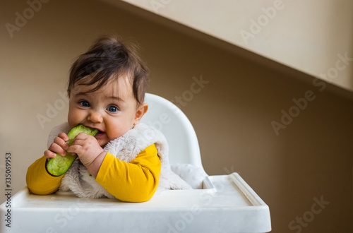 Tela Healthy cute caucasian baby boy have, eat vegan raw supplementary food at home in his highchair