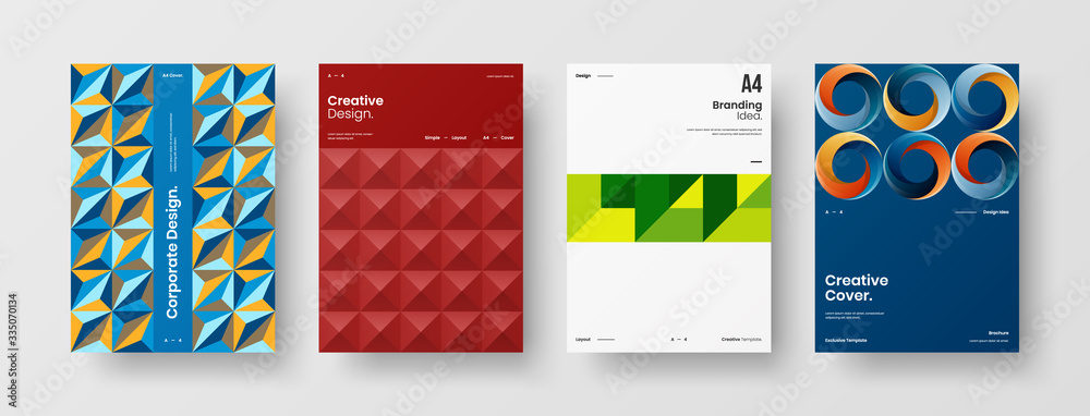 Fototapeta premium Company identity brochure template collection. Business presentation vector A4 vertical orientation front page mock up set. Corporate report cover abstract geometric illustration design layout bundle.