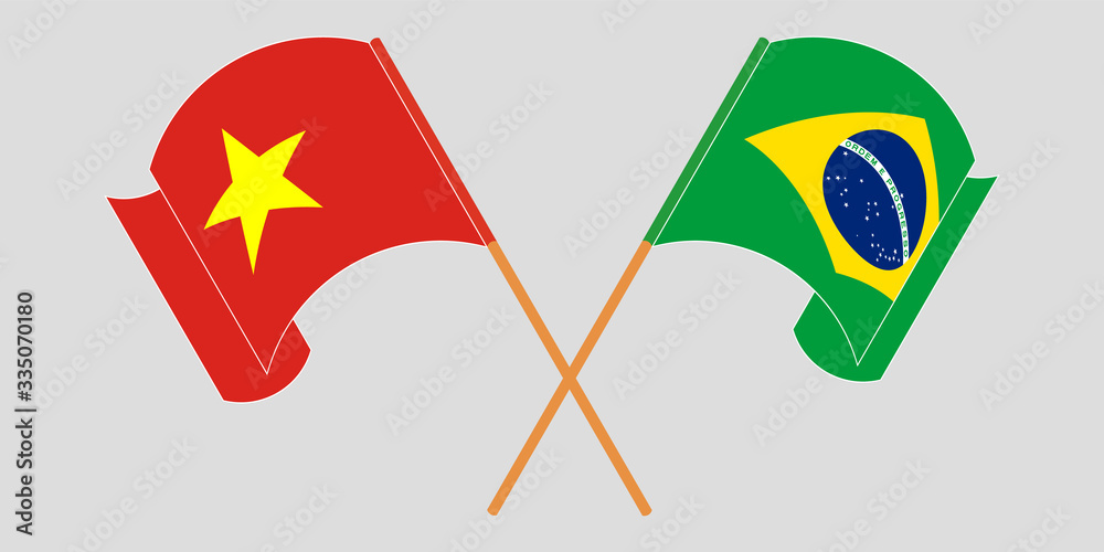 Crossed and waving flags of Brazil and Vietnam