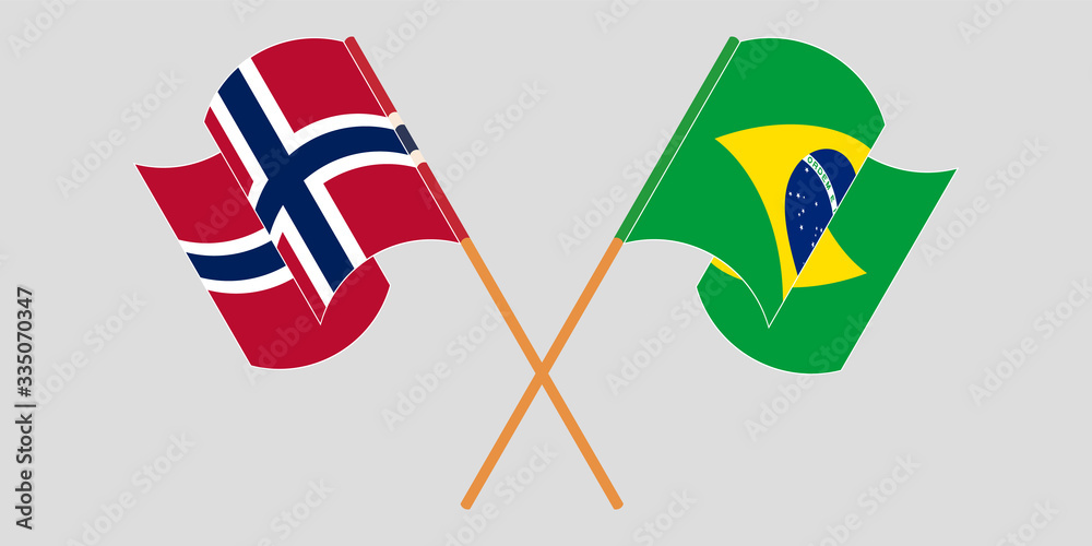 Crossed and waving flags of Brazil and Norway Crossed and waving flags of Brazil and Norway