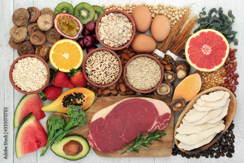 High energy health food for fitness with meat, fish, fruit, vegetables, cereals, pasta, grain, nuts & herbs. High in vitamins, minerals, antioxidants, anthocyanins, smart carbs, protein & omega 3. 