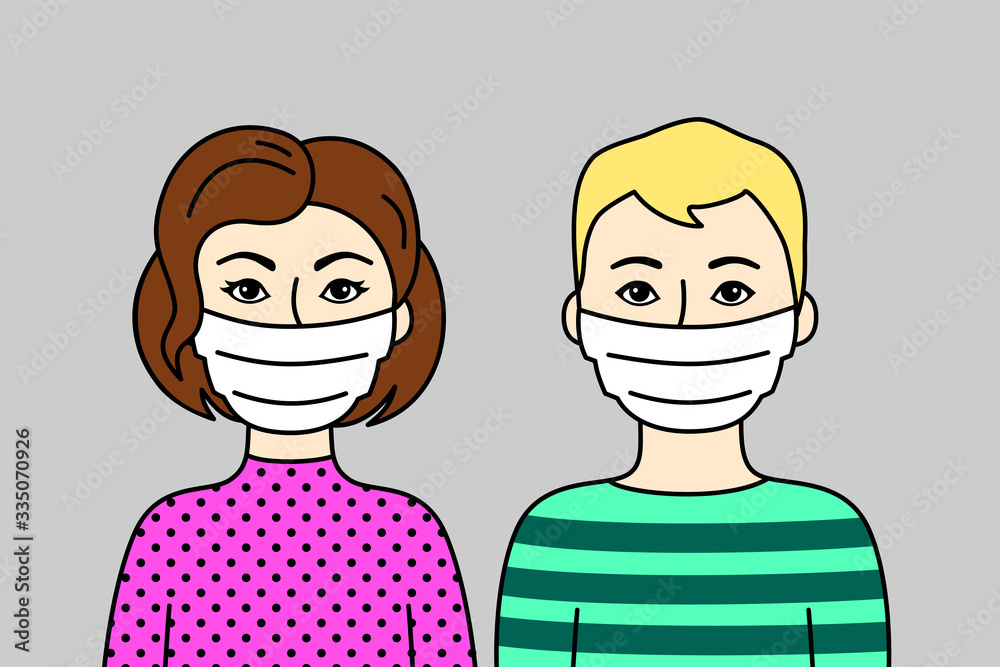 Couple Of People Wearing Face Masks. Two Young Adults, European Family, Blonde Man And Woman. Protective Respirators To Prevent Disease, Flu, Air Pollution. Sars-Covid-19 Pandemic. Vector Flat Design Couple Of People Wearing Face Masks. Two Young Adults, European Family, Blonde Man And Woman. Protective Respirators To Prevent Disease, Flu, Air Pollution. Sars-Covid-19 Pandemic. Vector Flat Design