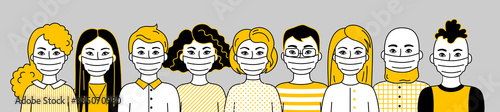 Group Of People Wearing Face Masks, Men And Women Different Nationalities. Respirators To Prevent Disease, Flu, Air Pollution. Sars-Covid-19 Pandemic. Black And Gold Vector Flat Illustration.