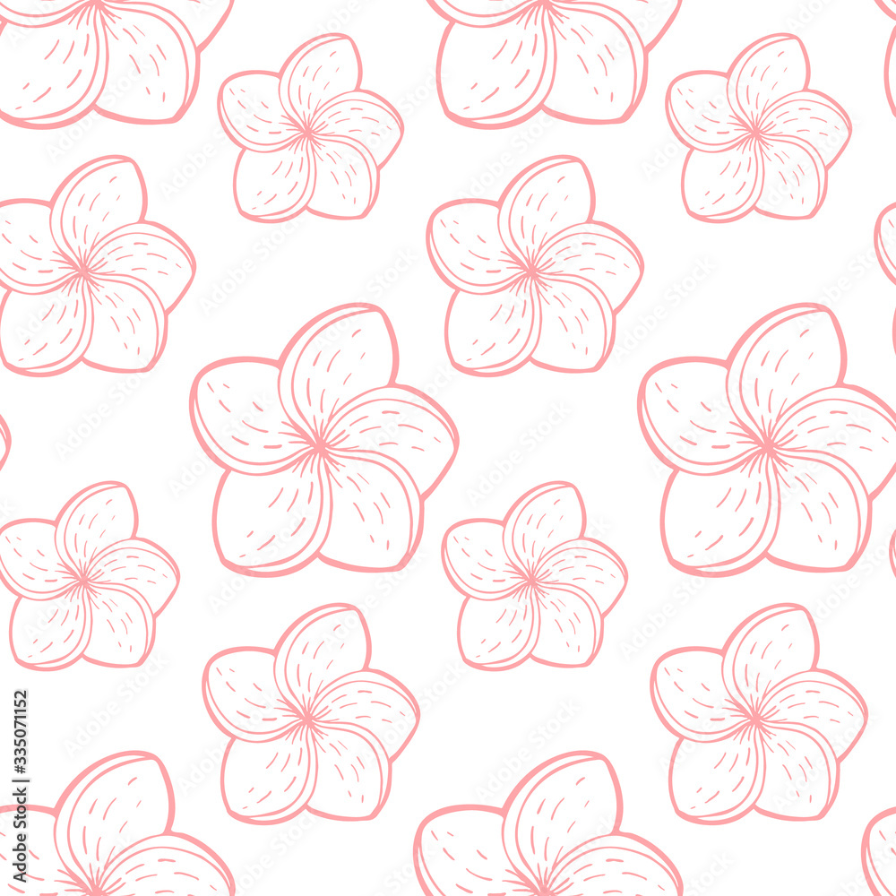 Hand drawn abstract seamless pattern with plumeria flowers. Exotic tropical frangipani flower isolated on a white background. Cute template for cards, fabric, wrapping paper. Vector illustration