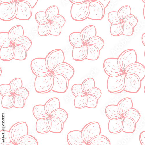 Hand drawn abstract seamless pattern with plumeria flowers. Exotic tropical frangipani flower isolated on a white background. Cute template for cards, fabric, wrapping paper. Vector illustration