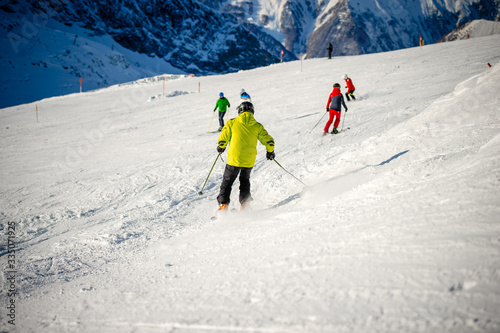 People skiing on mountain in Hintertux Austria 
