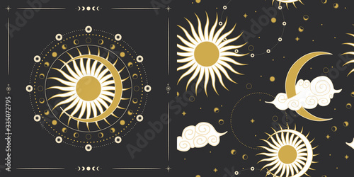 Vector illustration set of moon phases. Different stages of moonlight activity in vintage engraving style. Zodiac Signs