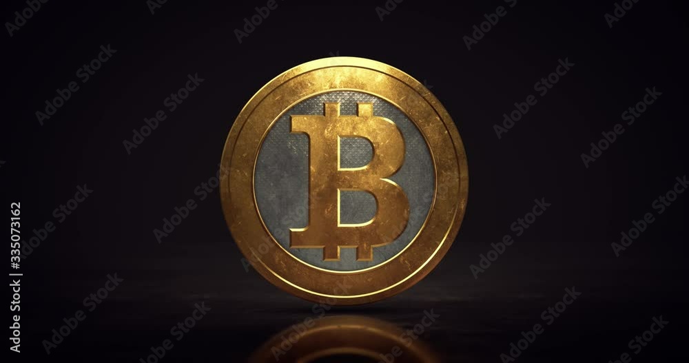 Rotating golden Bitcoin coin above floor on dark background. Currency 4k loop animation. Business and finance 3D object animation.