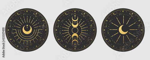 Vector illustration set of moon phases. Different stages of moonlight activity in vintage engraving style. Zodiac Signs