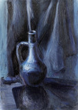 Jug on a fabric background. Oil painting. The picture is in dark blue tones.