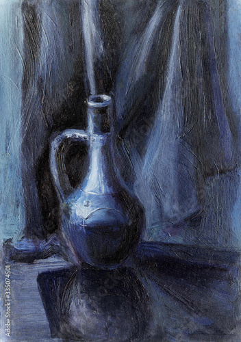 Jug on a fabric background. Oil painting. The picture is in dark blue tones.