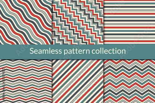 Striped seamless pattern collection. Classic geometric background set. Zig zag, horizontal, diagonal lines print kit