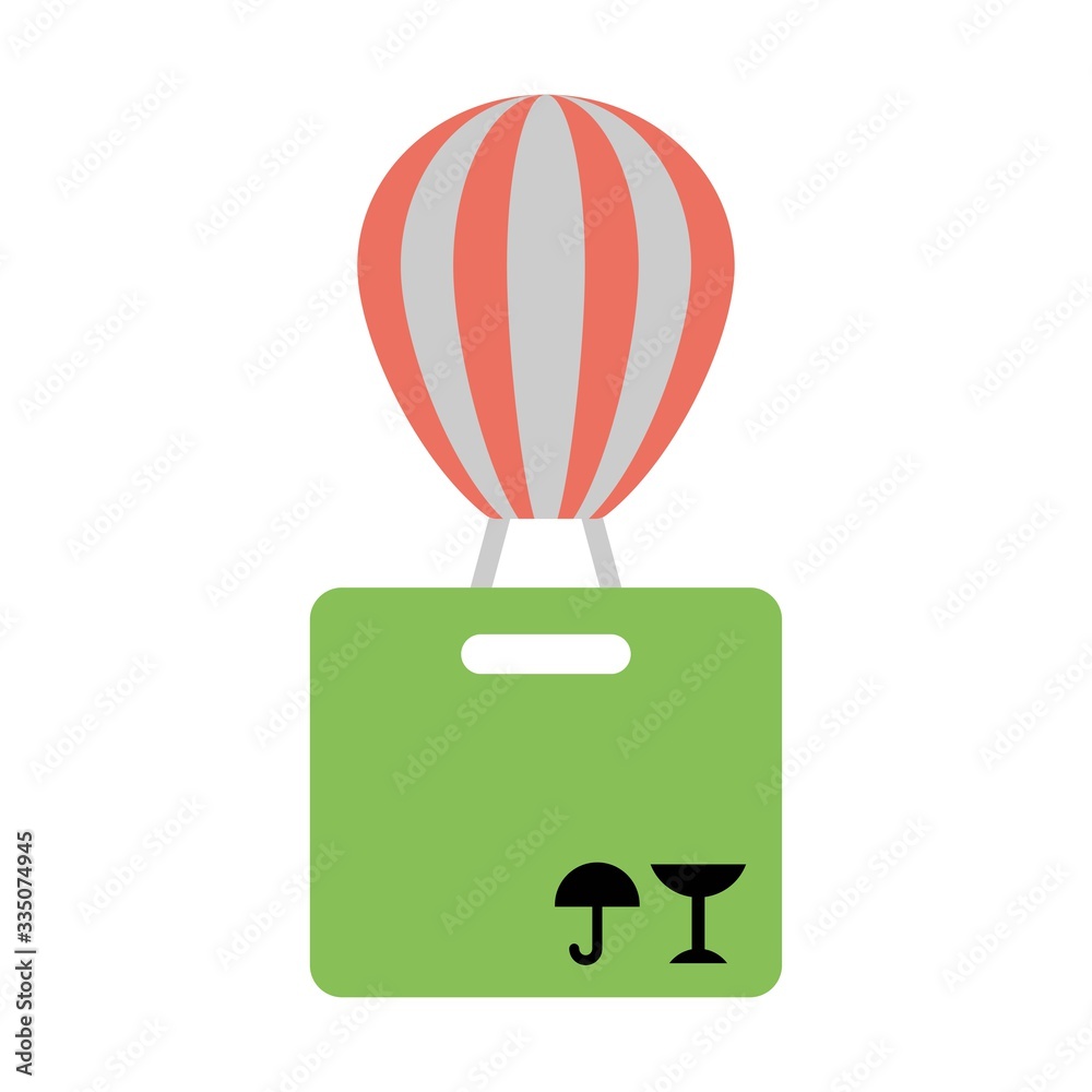 Delivery services and E-Commerce. Packages flies in a air balloon.